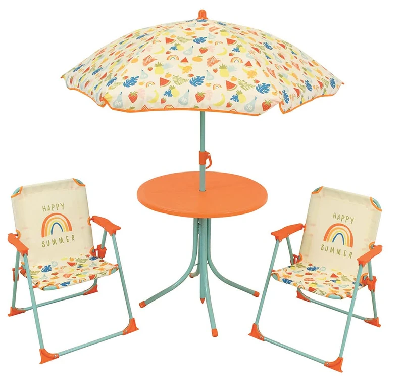 Fun House 46 x Ø46, 2 53XL.38.5XP 1 H.125 x Ø Children's Garden Furniture Table H.46 x Ø46 cm, Two Chairs H.53 x L.38.5 x D.37.5 cm and a Parasol H.125 x Ø 100 cm, Multi-Coloured - Image 1