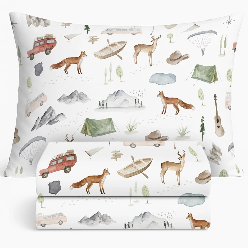 Pobibaby - Premium Twin Fitted Sheet, Flat Sheet with Pillow case - Ultra-Soft Cotton Blend, Stylish Woodland Pattern, Deep Pockets - Twins Sheets - 3 PC (Explore)