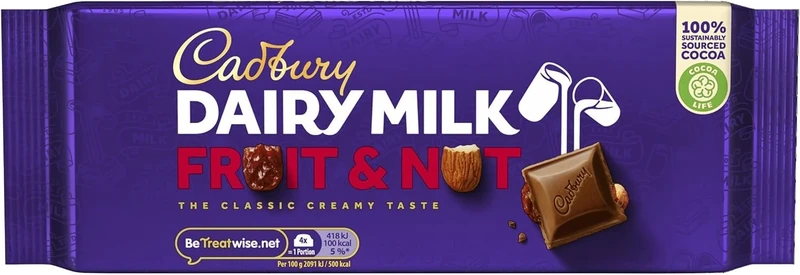 Cadbury Dairy Milk Fruit & Nut Bar, Classic Chocolate Delight, 180 g (Pack of 1)