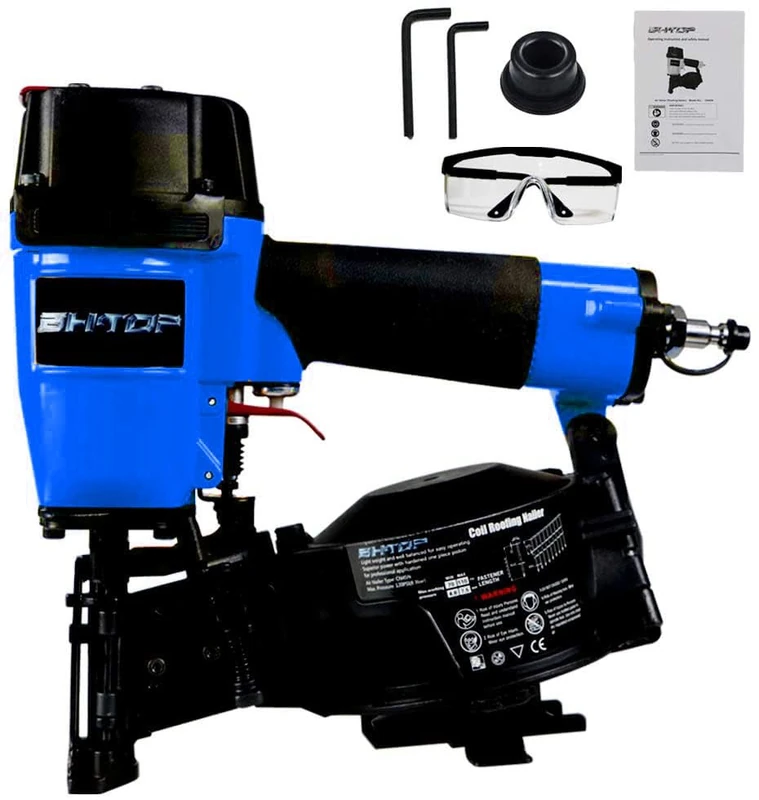 BHTOP CN45N Roofing Nailer, 15 Degree Roofing Nail Gun, 3/4-Inch to 1-3/4-Inch Coil Nails, 120-pcs Load Capacity Coil Nailer in Blue