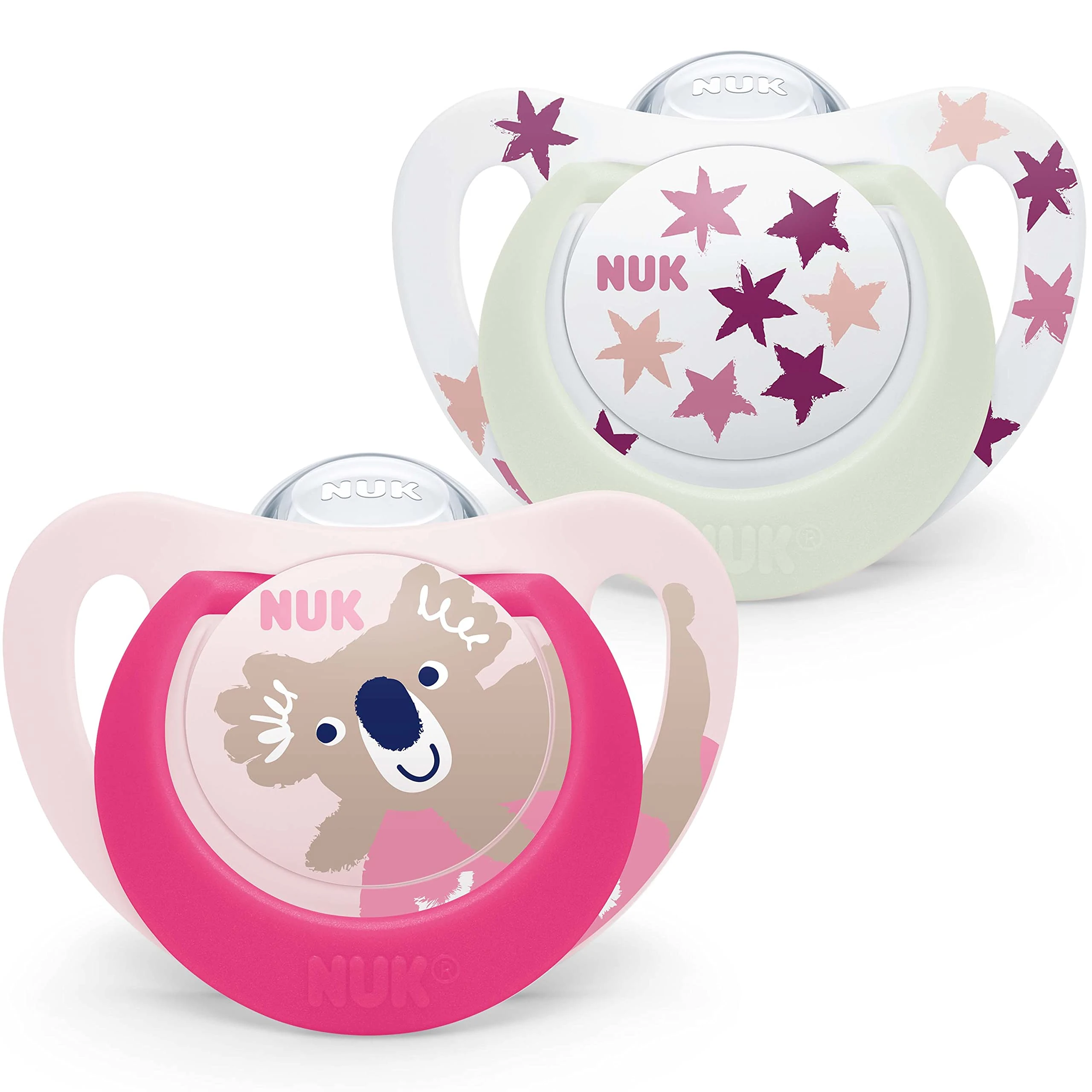 NUK Star Night & Day Baby Pacifier | 18-36 Months | Glow in The Dark Dummies | BPA Free Silicone | Pink Koala | 2 Pieces