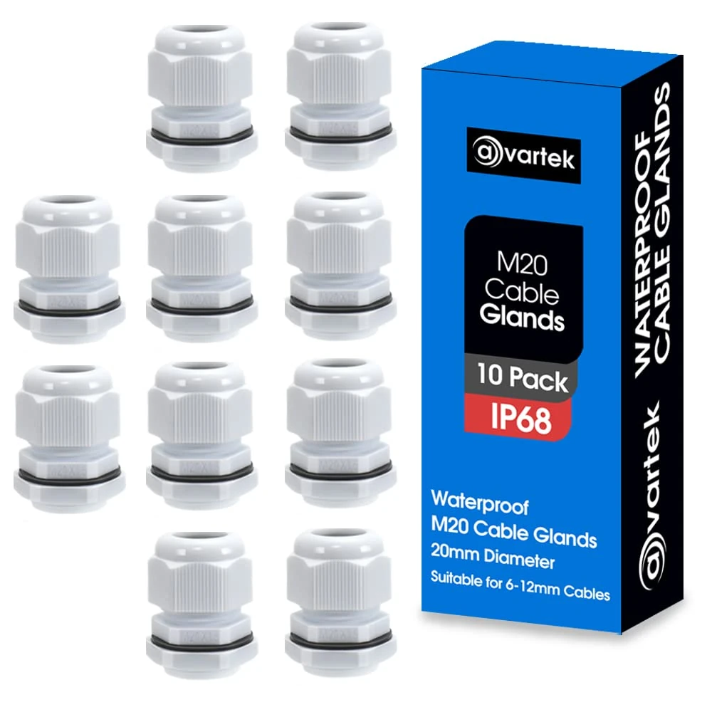 10 Pack M20 20mm IP68 Waterproof White Cable Glands, Suitable for 6mm - 12mm Cables, Plastic Nylon Compression Glands Connectors with Locknut and Washer - AVARTEK