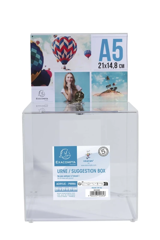 Exacompta - Ref. 89258D - 1 ballot box with lockable lid, for tickets, ballots, suggestion box, donations, with A5 poster, transparent acrylic - Dimensions: 21 x 21 x 21 cm - Crystal colour