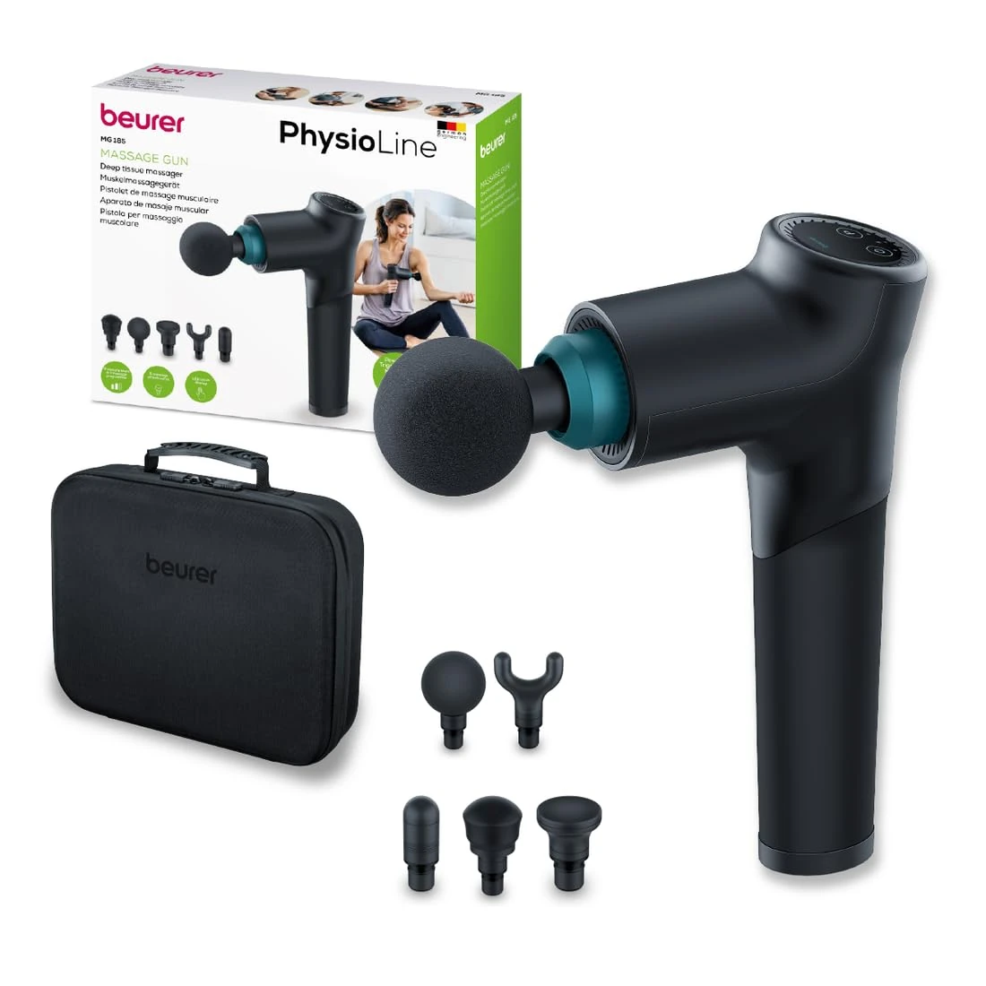 Beurer MG 185 Massage Gun with 5 attachments, Powerful Trigger Point Massage, relieves Tension, Muscle Massager with 9 Intensity Levels, with Rechargeable Battery