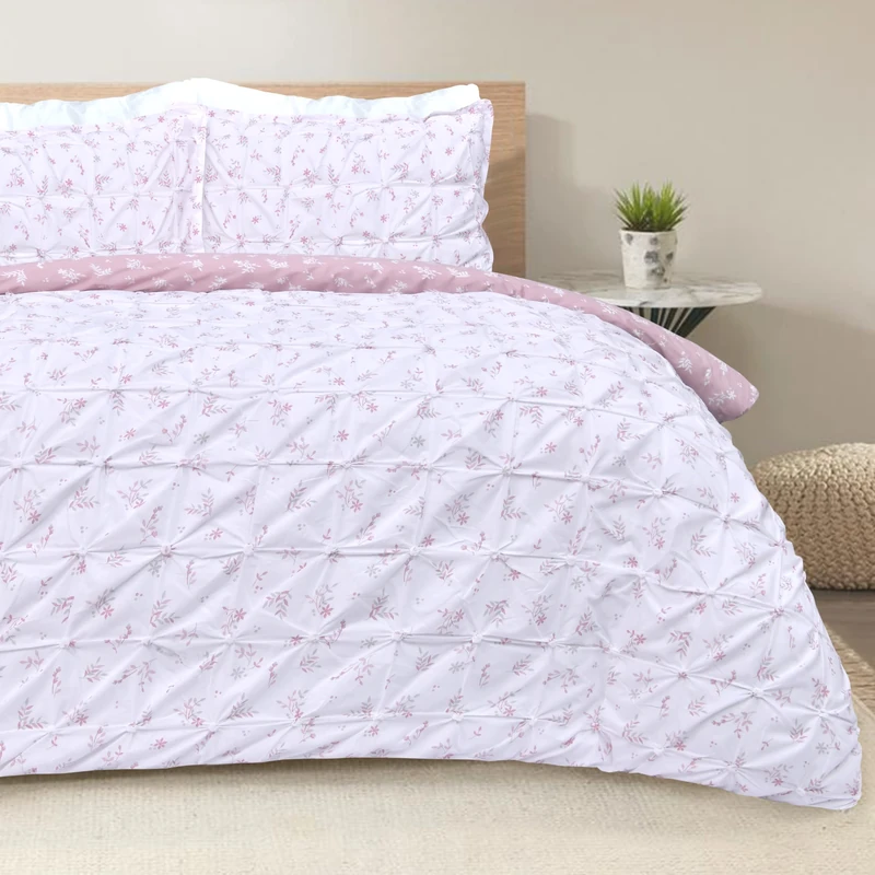 Sleepdown Printed Rouched Pleat Ditsy Leaves Blush Pink White Reversible Duvet Cover Quilt and Pillow Cases Bedding Set - King (230cm x 220cm), (5056242892298)