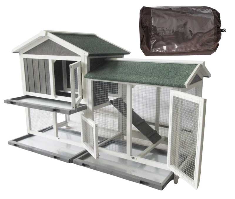 BUNNY BUSINESS The Grove Grey Double Decker Rabbit/Guinea Pig Hutch and Run EXTRA DEPTH WITH FLOOR (GREY GROVE, HUTCH AND COVER)