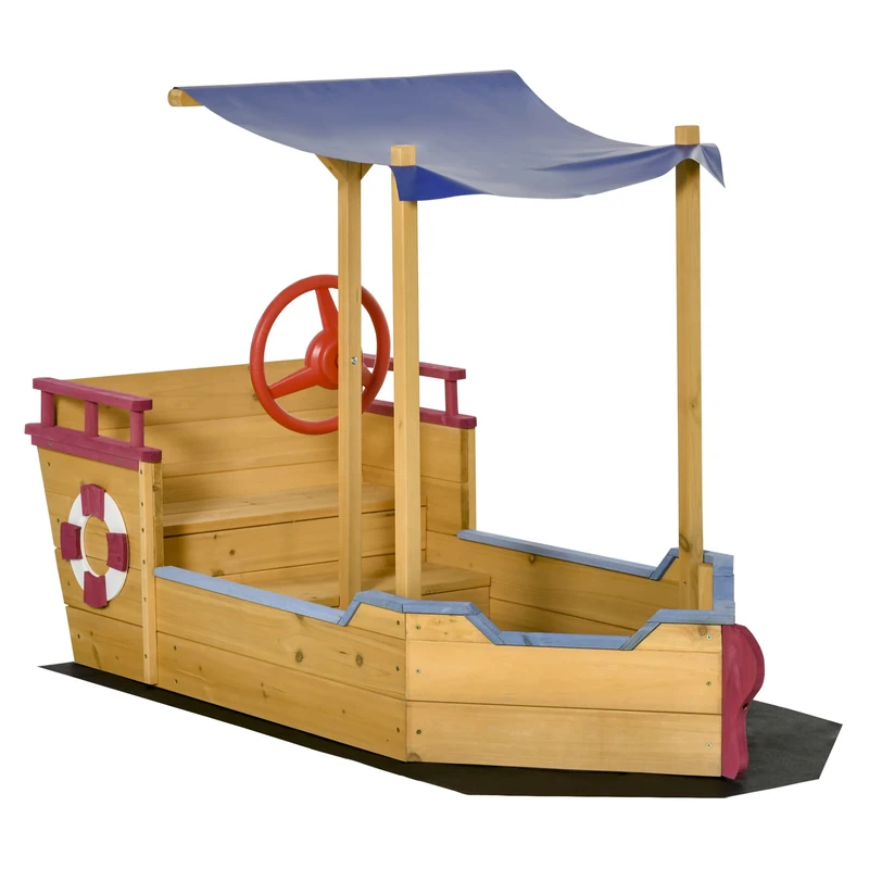 Outsunny Sand Pit, Kids Wooden Sandbox Pirate Ship, Sandboat Play Station with Canopy Shade, Storage Bench and Bottom Liner for Outdoor Garden