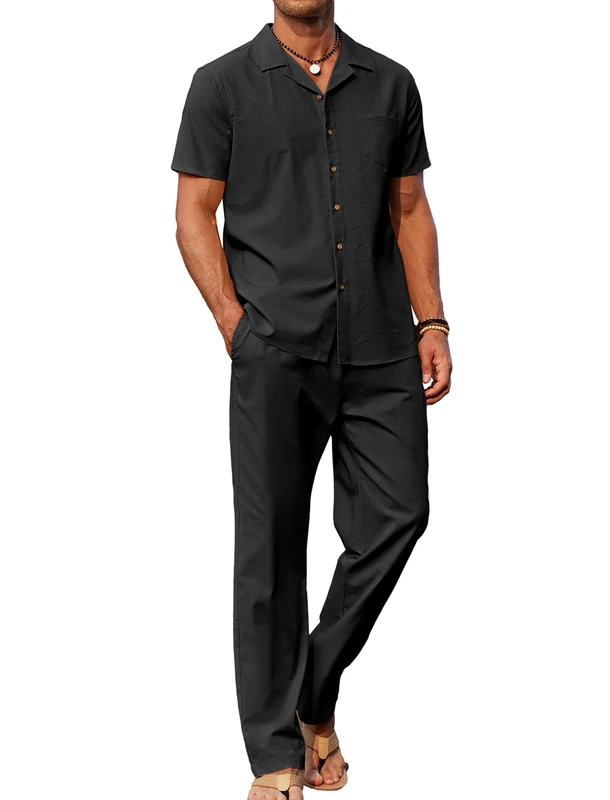 COOFANDY Men 2 Piece Linen Outfit Beach Button Down Shirt Casual Loose Pant Sets, Black, Large