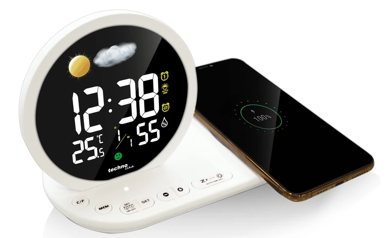 Technoline WT 427 LED Alarm Clock with Wireless Charging Function and USB Charging Port White 210 x 120 x 90 mm