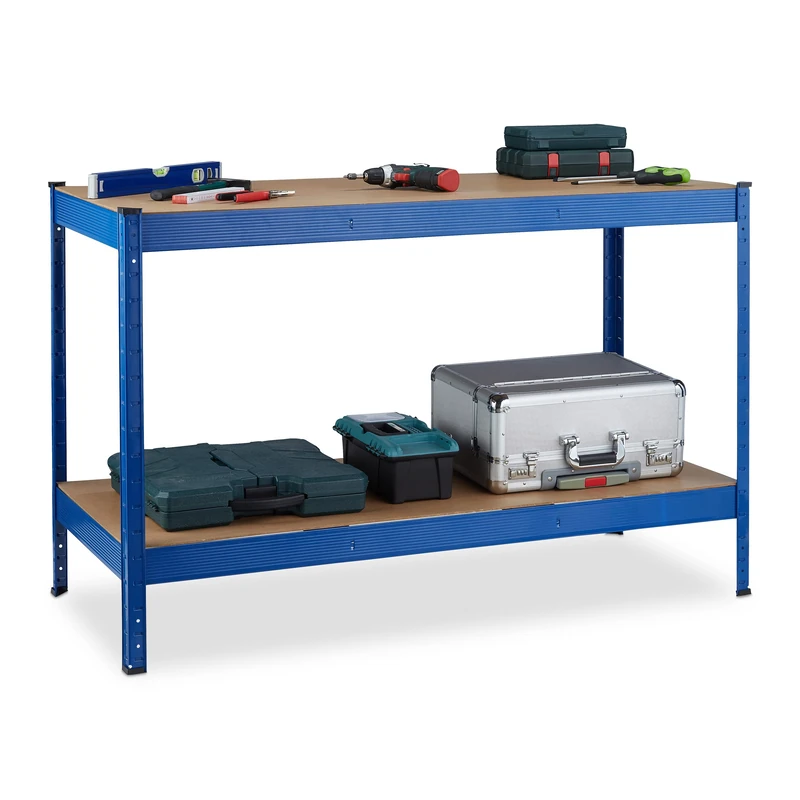 Relaxdays Workbench, 2 Adjustable Levels, Workshop & Garage, Steel & MDF, H x W x D: 90.5 x 141 x 61 cm, Blue