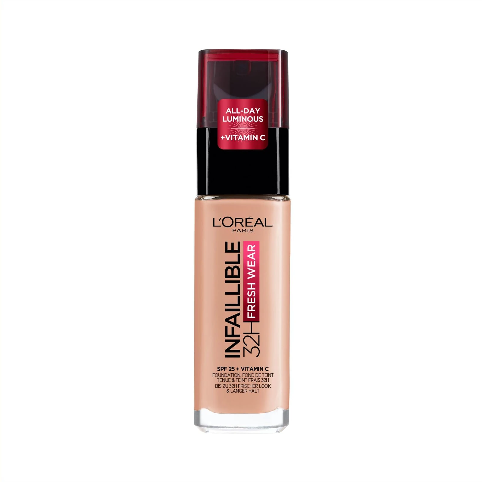 L'Oréal Paris Liquid Foundation, Full Coverage, Lasting Wear, With Vitamin C and SPF 25, Infallible 32H Fresh Wear, 30 Rose Pearl