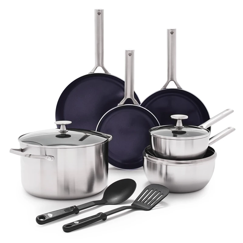 Blue Diamond Cookware Triple Steel Stainless Steel Diamond Reinforced Ceramic Nonstick 11 Piece Cookware Pots and Pans Set, Frying Pans, Chef Stockpot, PFAS-Free, Multi Clad,Induction,Oven Safe,Silver