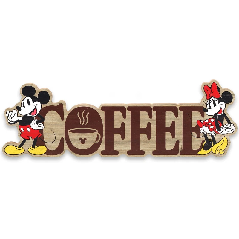 Open Road Brands Disney Mickey Mouse and Minnie Mouse Coffee Wood Tabletop Decor - Adorable Decoration to Hang or Display in Kitchen, Office or Coffee Bar - Image 1