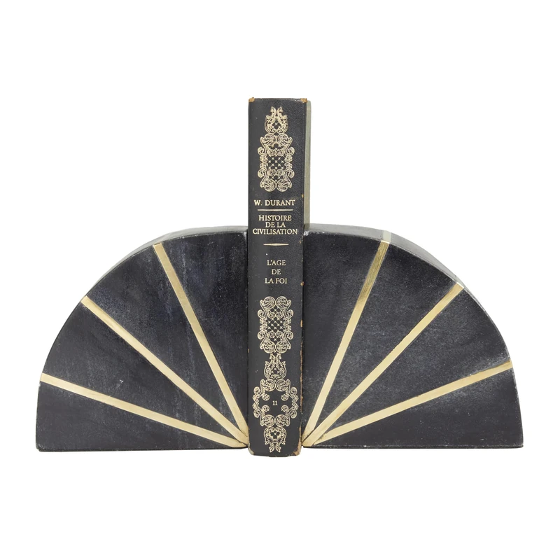 CosmoLiving by Cosmopolitan Glam Marble Bookends, Decorative Bookends, Book End, Non-Skid Bookend for Shelves, Book Support, Book Stopper, PR 5" W, 5" H, Black
