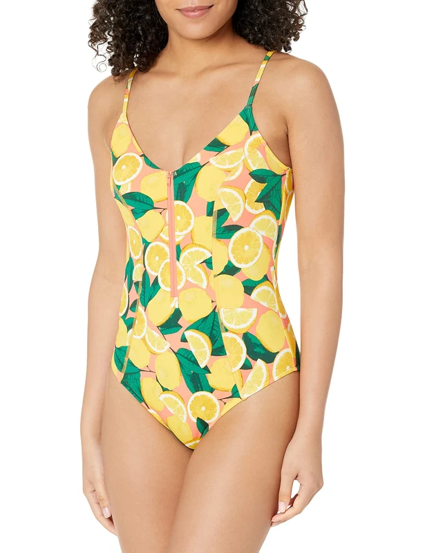 Body Glove Women's Smoothies Skylar Solid Zip Front One Piece Swimsuit, Fresh Squeeze Lemon Print, Small - Image 1
