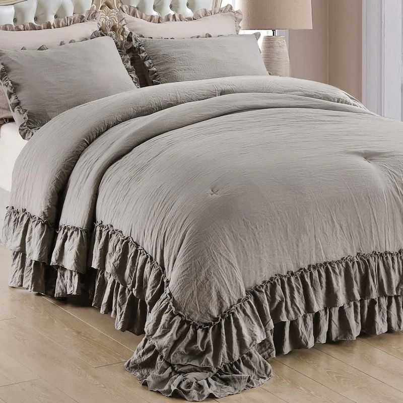 Masaca Schmusetuch im Shabby-Chic-Stil, graues Rüschen-Fransen-Set, rustikale Mikrofaser-Bettwäscheset, Vintage-Stil, grauer Rüschen-Fransen-Tröster für Queen-Size-Bett, Heim-Bettwäsche, 3-teilig