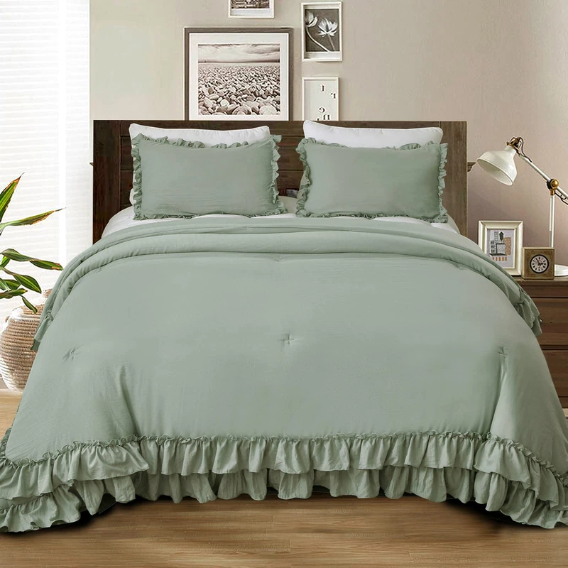Masaca Green Ruffle Comforter Set Queen,Vintage Farmhouse Shabby Ruffled Chic Bedding Comforter,Rustic Aesthetic Bedding 3 Pieces Women Girls Bedroom Vintage Bed Comforter