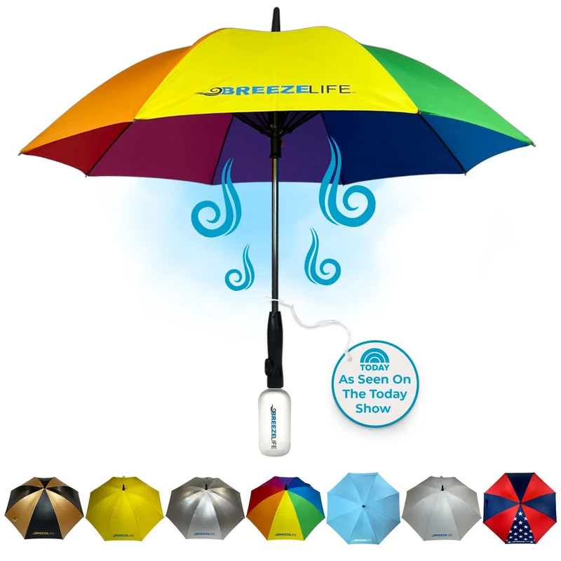 MISTERBREEZE Mister Breeze Sun Umbrella with Built in Fan and Mister System. Perfect for Festivals, Amusement Parks, Sporting Events or anywhere you want to Keep your Cool - Rainbow - Image 1