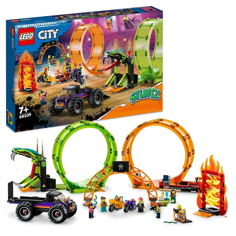 LEGO 60339 City Stuntz Double Loop Stunt Arena, Monster Truck Playset with 2 Toy Motorbikes, Ramp and Minifigures, for Kids Aged 7 Plus