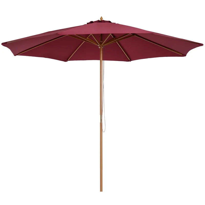 Outsunny 3(m) Garden Parasol, Pulley Operated Patio Umbrella, Wooden Parasol, Table Market Umbrella with Rope Pulley Mechanism and 8 Ribs, Wine Red