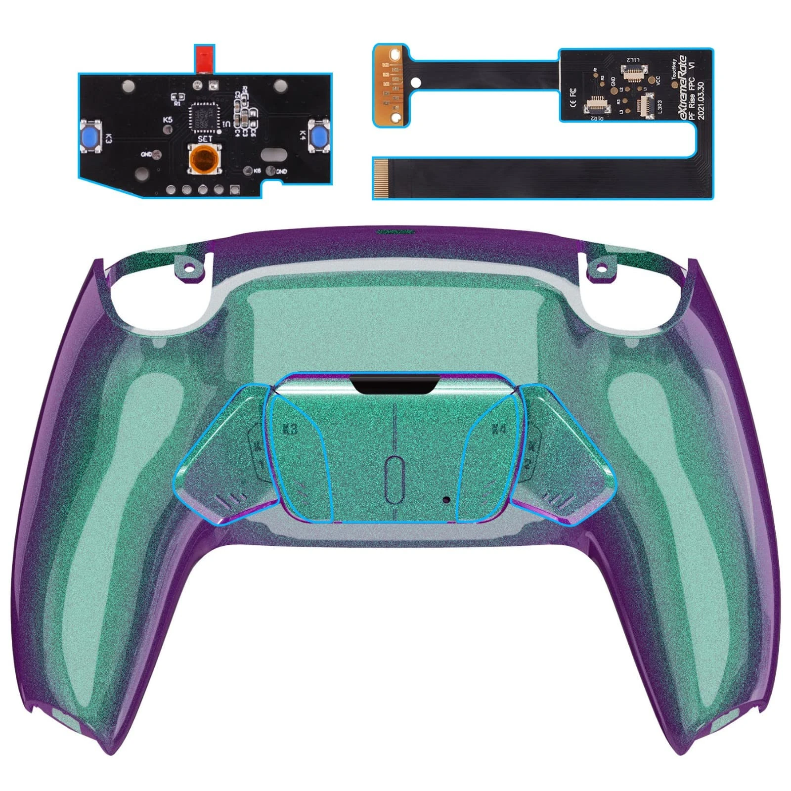 eXtremeRate Chroma Green Purple Programable RISE4 Remap Kit for ps5 Controller BDM 010 BDM 020, Upgrade Board & Redesigned Back Shell & 4 Back Buttons - Controller NOT Included