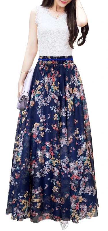 Afibi Boho Floral Long Summer Beach Chiffon Wrap Cover Up Maxi Skirt for Women, Navy Blue, Small