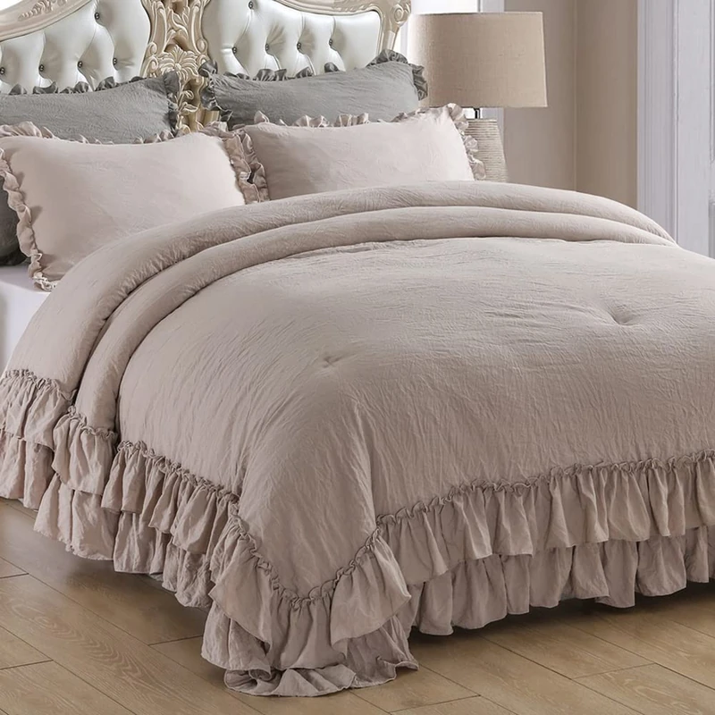 Masaca Kingsize-Bettdecke, Shabby-Chic, gerüscht, Bauernhaus-Design, Taupe, Bettwäsche, Schmusetuch im Boho-Stil, leicht, ultraweich, Vintage, Mikrofaser, 3-teilig (1 Rüsche und 2 Kissenbezüge)
