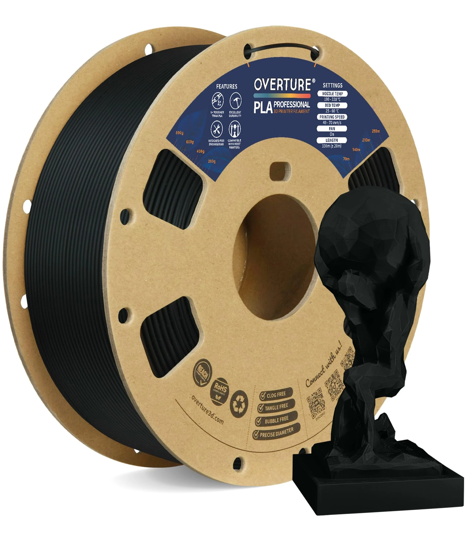 OVERTURE PLA Plus (PLA+) Filament 1.75mm, Stronger & More Durable, Professional Toughness 3D Printer Filament, 1kg (2.2lbs), Cardboard Spool, High Precision +/- 0.02mm (Black)