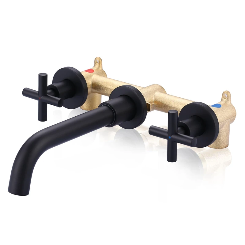 ARCORA Matte Black Bathroom Faucet, 2 Handle Wall Mount Bathroom Faucet and Rough-in Valve Included, Widespread Bathroom Faucet 3 Hole Wall Mount