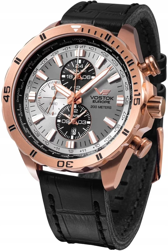 Vostok Europe Almaz Space Station Men's Watch Multifunction with Leather Strap, Rose/Grey, Strap.