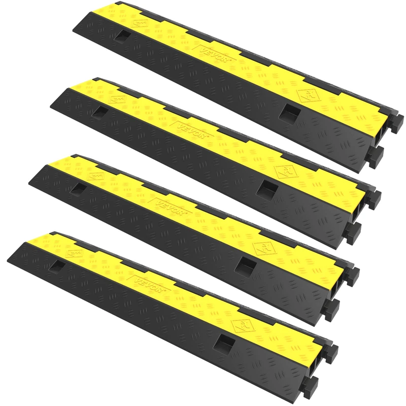 VEVOR Cable Protector Ramp, 4 Packs 2 Channels Speed Bump Hump, Rubber Modular Speed Bump Rated 11000 LBS Load Capacity, Protective Wire Cord Ramp Driveway Rubber Traffic Cable Protector, Black