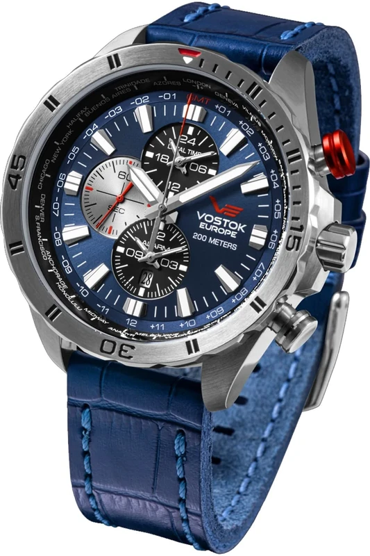 Vostok Europe Almaz Space Station Men's Watch Multifunction with Leather Strap, Blue, Strap.