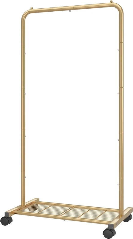 Simple Trending Standard Clothes Garment Rack, Clothing Rolling Rack with Mesh Storage Shelf on Wheels, Golden Yellow - Image 1