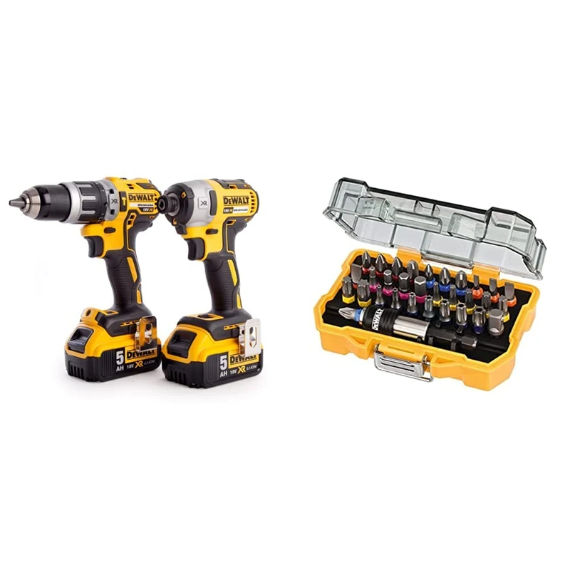 DEWALT DCK266P2T-GB XR Combi Drill and Impact Driver Brushless Kit in TSTAK Box, 1 W, 18 V, Yellow/Black & DT7969-QZ, 32 Piece XR Professional Magnetic Screwdriver Bit Accessory Set, Yellow