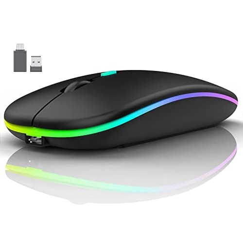 LEAPEST Wireless Mouse for Laptop, 2.4 GHz with USB Receiver Mice for Computer - Rechargeable Portable Silent LED Mouse for MacBook air,pro,iPad,Mac,Chromebook,PC, with USB-C adapter (Black)