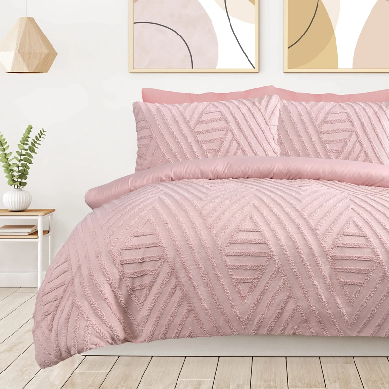 Sleepdown Geometric Textured Tufted Diamond Blush Pink Duvet Cover Quilt Pillow Cases Bedding Set Soft Easy Care - King (230cm x 220cm), (5056242892694)