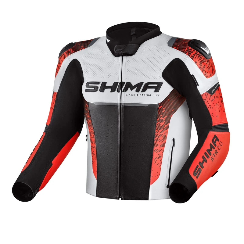 SHIMA STR 2.0 Motorbike Jacket Leather, sport jacket with back, elbows, shoulders protectors, perforated leather, for 2-piece suit (Red Fluo, 52)