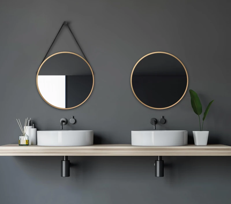 Talos Golden Style Wall Mirror Diameter 50 cm - Round Bathroom Mirror in Gold with Leather Look Suspension Aluminium Frame, Versatile, Can Be Hanging Without Strap