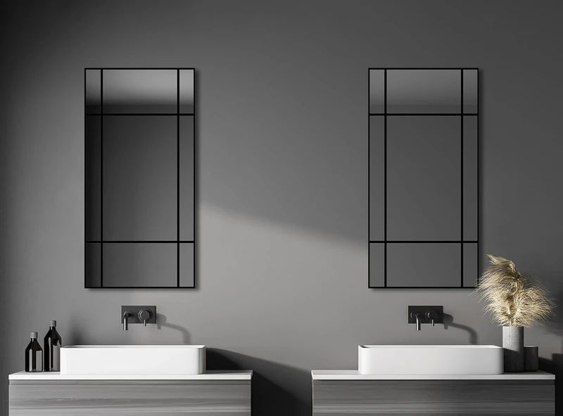 Talos Wall Mirror with Decorative Lines Black Square Mirror 60 x 120 cm Square Decorative Bathroom Mirror with Matt Black Aluminium Frame