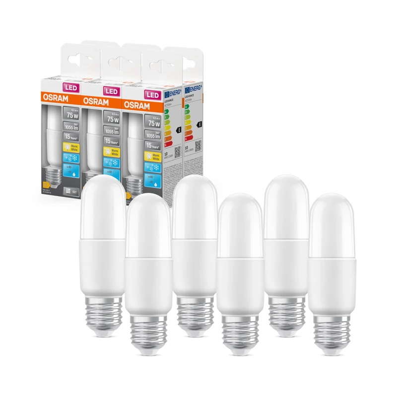 OSRAM LED lamp with E27 Base, Warm White (2700K), Stick Shape, 10W, Replacement for 75W Bulb, Frosted, LED Star Stick, 6-Pack