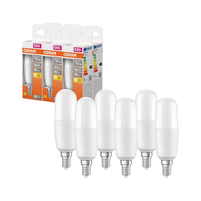 OSRAM LED lamp with E14 Base, Warm White (2700K), Stick Shape, 10W, Replacement for 75W Bulb, Frosted, LED Star Stick, 6-Pack