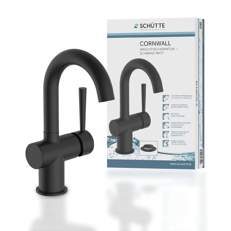 SCHÜTTE Cornwall 79016 Washbasin Tap with High Spout, Bathroom Tap with Pop-Up Eccentric Bathroom Mixer Tap in Matte Black