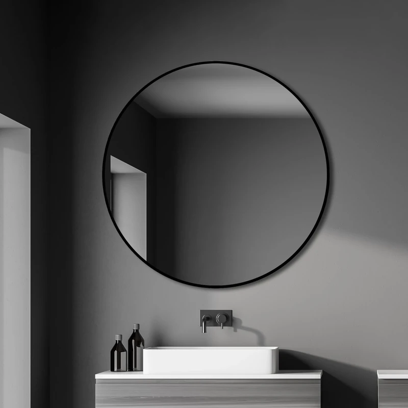 Talos Black Oros Round Mirror Diameter 100 cm - Round Wall Mirror in Matt Black - Bathroom Mirror Round Aluminium Frame