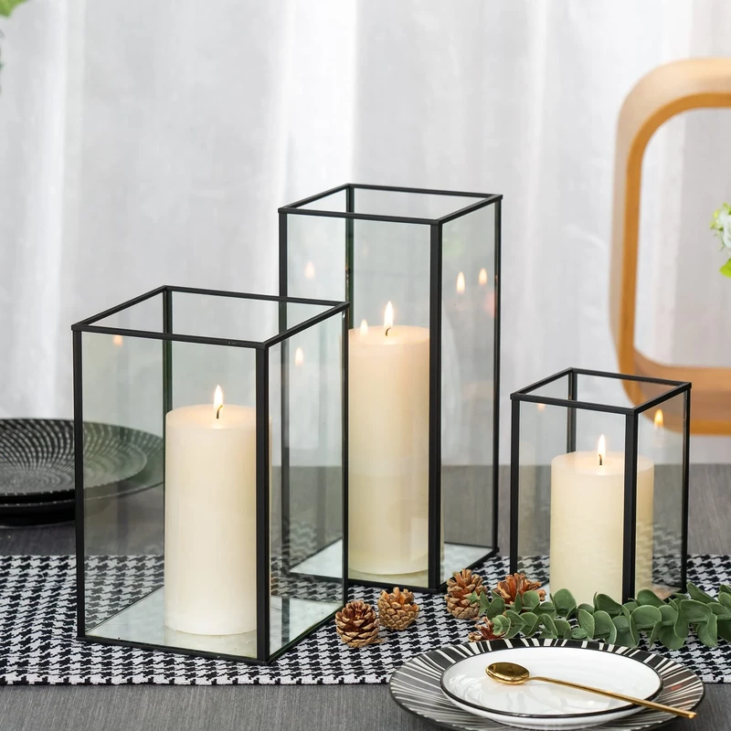 yshengood Large Glass Hurricane Candle Holder Set of 3 PCS, Black Frame and Glass Hurricane Candleholders