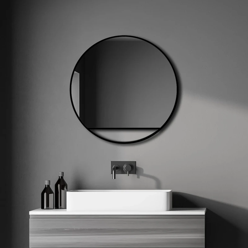 Talos Black Hole Round Mirror Diameter 60 cm - Round Wall Mirror in Matt Black - Bathroom Mirror Round Aluminium Frame - Bathroom Mirror with Trendy Design