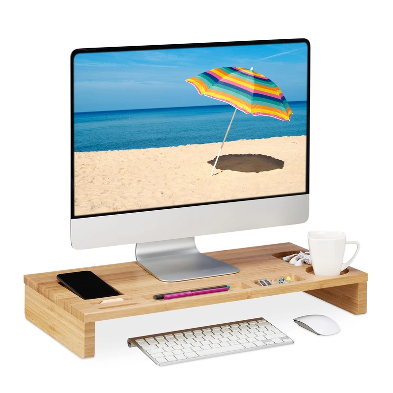 Relaxdays Monitor Stand Bamboo, Screen Raiser for Ergonomic Posture, HWD 8.5x60x30 cm, Display Base Desk, Natural Wood, 8.5x60x30cm