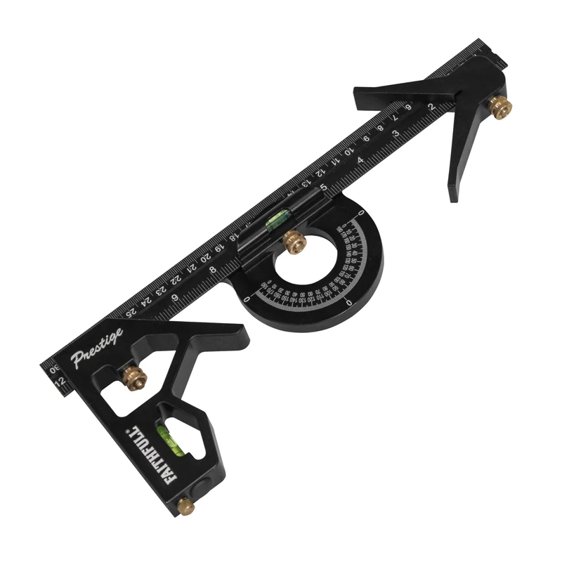 Faithfull Prestige Combination Square Set Black Aluminium 300mm (12in) – Measuring & Layout Tool with Protractor, Centre Head, Spirit Levels & Stainless Steel Rule for Woodworking & Metalwork