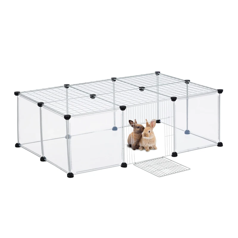 Relaxdays Free Range Enclosure for Small Pets, HWD: 37x110x75 cm, with Door & Cover, DIY, Extendable, Transparent, White
