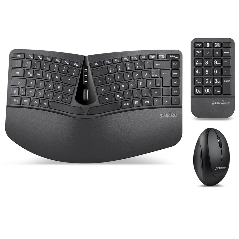 Perixx PERIDUO-606A 3-in-1 Wireless Ergonomic Keyboard, Vertical Mouse, Numeric Keypad, Adjustable Wrist Rest, QWERTZ