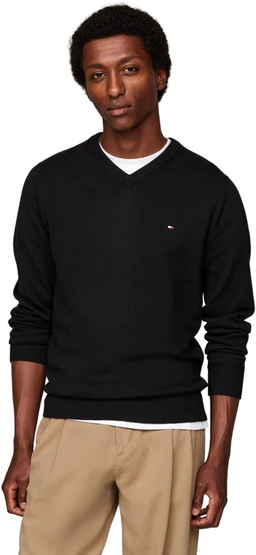 Tommy Hilfiger Men’s V-Neck Regular Fit Jumper, Black (Black), L